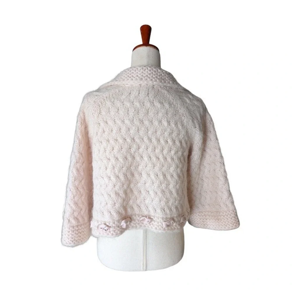 VTG Rebecca Taylor Pink Mohair Blend Cable Knit Ribbon Tie Cardigan Sweater L